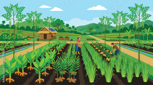 Sustainable Farm Life Farmers Cultivating and Harvesting Diverse Crops in Lush Green Fields with Solar Power