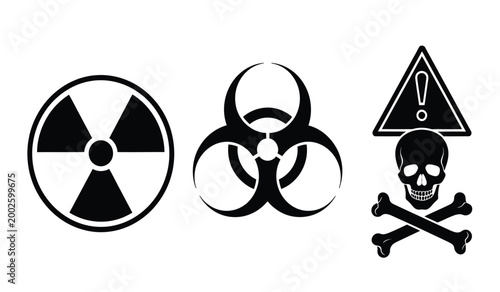 Fotografie black silhouette icons depicting radiation hazard biohazard symbol and skull and