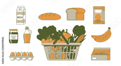 Fresh grocery basket filled with bread, vegetables and healthy food items, organic shopping concept for supermarkets, nutrition campaigns and lifestyle branding