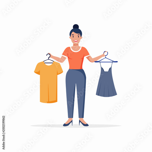 Woman choosing between a t-shirt and a dress