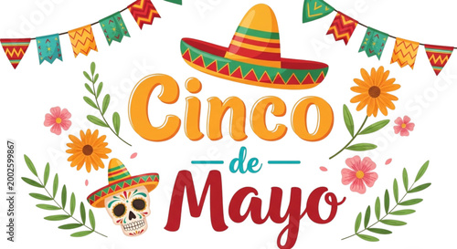 Cinco de Mayo Festive Illustration Vibrant Mexican Holiday Celebration with Sombrero Sugar Skull Flowers