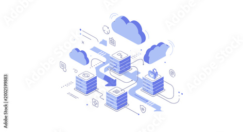 Cloud computing isometric concept with connected devices, folders and online storage network, digital collaboration technology illustration for business systems and remote data access