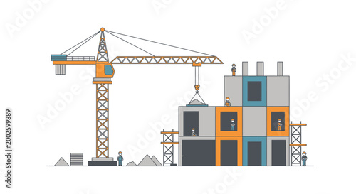 Construction site illustration with tower crane, unfinished building and industrial framework, modern engineering concept for architecture, urban development and contractor branding