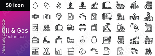 Oil gas petroleum industry line icon set rig refinery tanker station
