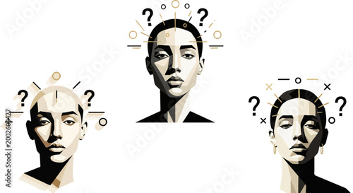 Minimalist woman portrait with question marks, conceptual female face vector set, mental health and confusion illustration for psychology articles