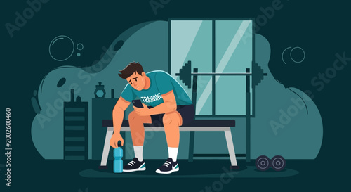 Exhausted man sitting in gym using smartphone after workout, fitness fatigue and recovery concept