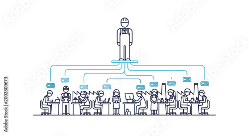 Illustration of a manager standing above a team of employees sitting at desks with lines and speech bubbles conveying communication and organization in a minimalist office setting.