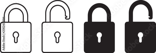 Set of four padlock including locked and unlocked variations in both outline and solid black styles