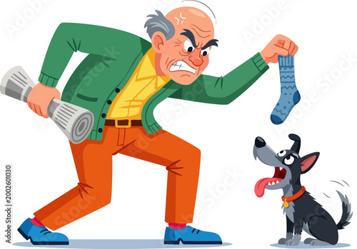 Angry senior man scolding naughty dog, grumpy grandfather holding chewed sock and newspaper, funny cartoon character vector illustration