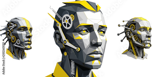 Futuristic cyborg head vector set, low poly robotic human face with mechanical gears, yellow and grey android character design for sci-fi gaming