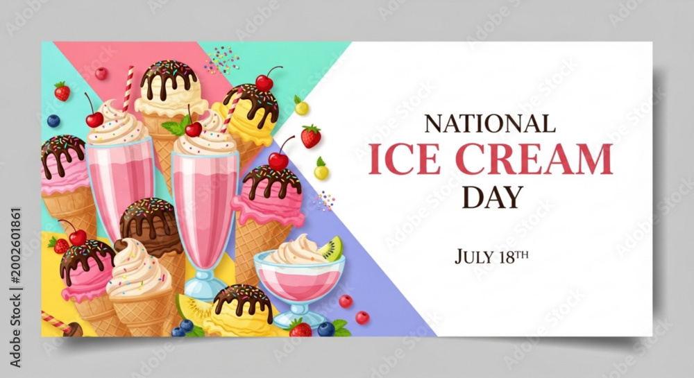 Naklejka premium Elegant national ice cream day banner with milkshake and fruit