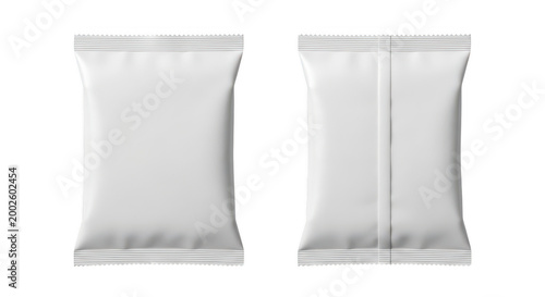Blank white snack food bag mockup showing front and back view isolated on transparent background