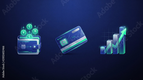 A set of high-end digital icons featuring a glowing crypto wallet, a futuristic credit card, and a rising financial growth bar chart.