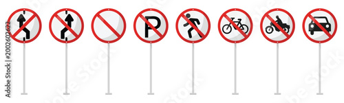 Regulatory road sign collection, 3d traffic road sign, no changing to lane, stop sign, warning sign, no parking, walking prohibited and car prohibited
