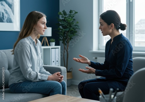 Two women having a serious conversation in a modern office for mental health awareness, professional counseling services and psychological support campaign