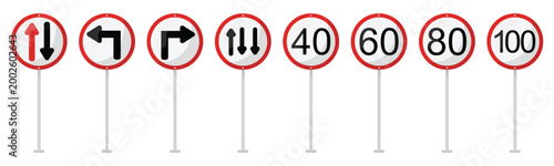Regulatory road sign collection, 3d traffic road sign, give way to oncoming vehicles, turn right, turn left, three lane traffic and speed limit