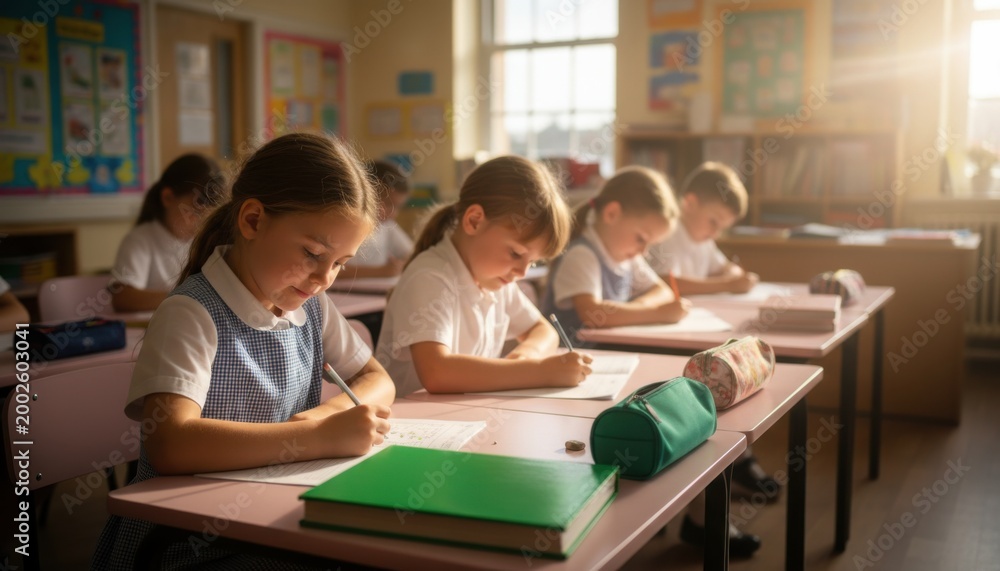 Obraz premium Row of young children sitting at desks in a school classroom studying for education marketing, primary school curriculum advertising and literacy campaign posters