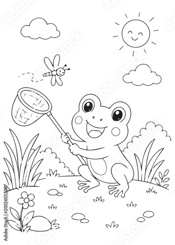 coloring book curious frog catching a butterfly with a net