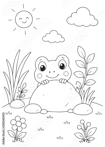 coloring book cute frog peeking from behind a rock