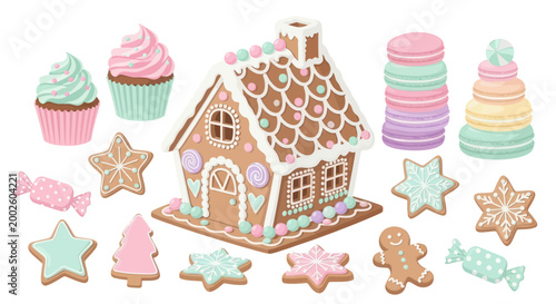 Colorful gingerbread house and sweet treats.