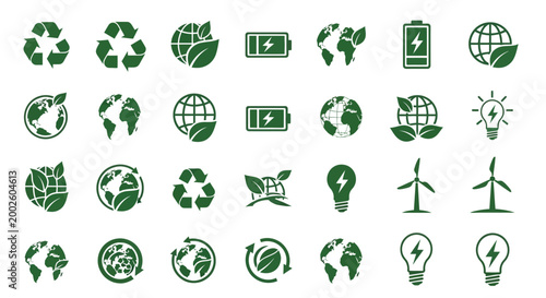 Collection of eco friendly green vector graphic icons symbolizing sustainability and renewable energy solutions