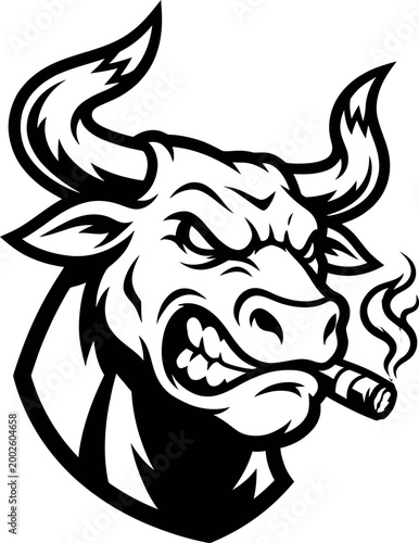 Fierce bull head with cigar smoking, aggressive bull mascot design