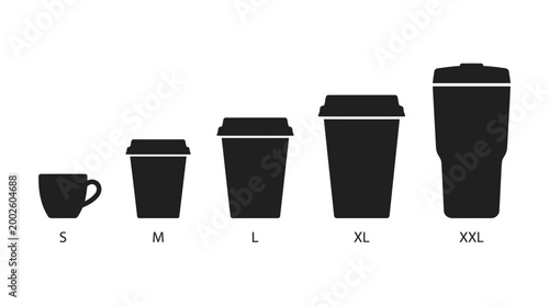 Set of various sized disposable coffee cups with lids, ranging from small to extra-large