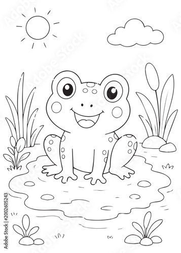 coloring book smiling frog relaxing in a quiet pond