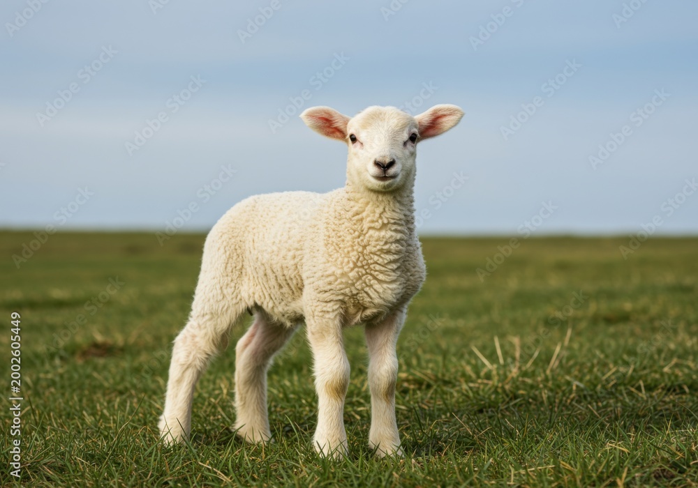Fototapeta premium Small white lamb standing in a green meadow looking at camera for Easter greeting cards, pastoral livestock and agricultural industry advertising
