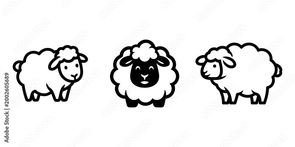 Fototapeta premium Cute sheep logo collection in simple black and white style with soft shapes and friendly expressions, perfect for kids branding, farm themes, and playful design projects.