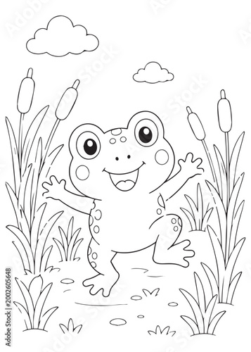coloring book friendly frog standing among tall reeds