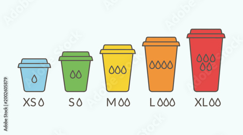 Colorful minimalist set of takeaway beverage cup icons, illustrating various capacity options from XS to XL in a clean outline style for diverse applications