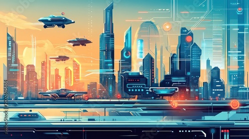 Futuristic cityscape with flying cars and sleek skyscrapers at sunset