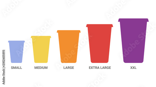Collection of colorful trash cans in five different sizes labeled from small to XXL, representing waste management