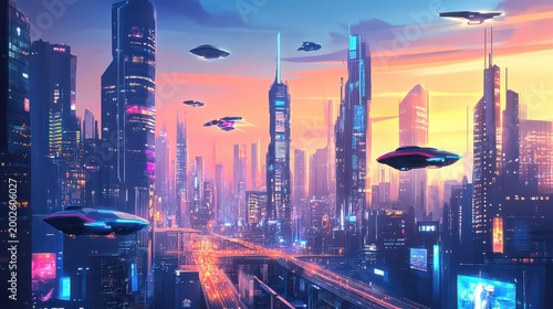 Futuristic cityscape with flying cars and skyscrapers at sunset