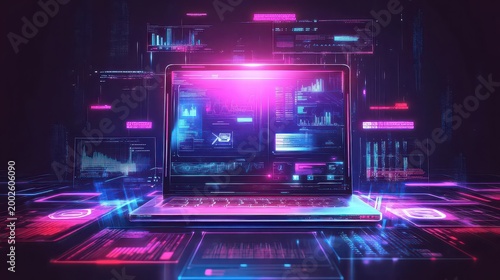 Futuristic holographic laptop in neon lit workspace with data visualization screens