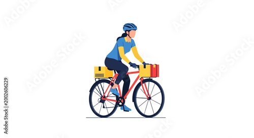 Energetic young woman wearing protective gear rides a bicycle with packages placed on the front and rear racks embodying urban transport and delivery efficiency for a healthy lifestyle