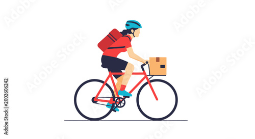 Delightful animated scene shows a person with a backpack and helmet skillfully riding a bicycle with a package in the front basket completing a delivery task conveying efficient transportation