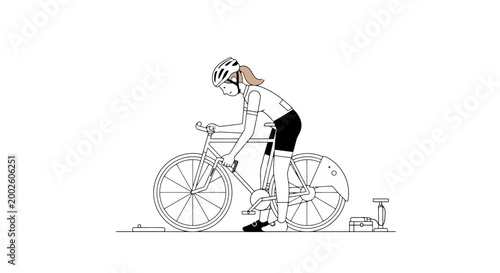 A dedicated cyclist wearing a helmet and athletic apparel focuses intently on adjusting her bicycle tire pressure with a floor pump before a competitive ride or training session on a clear ground