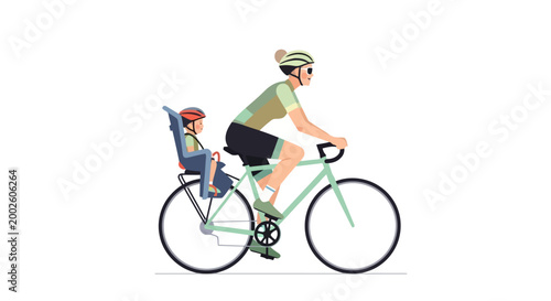 Active parent enjoys a healthy outdoor recreational activity by cycling with their young child safely secured in a rear seat carrier promoting family bonding and lifestyle during sunny weather