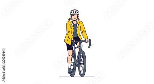 Cyclist wearing protective helmet and yellow jacket rides bicycle showing healthy active lifestyle and outdoor recreation activities for urban commuting or road cycling pursuits