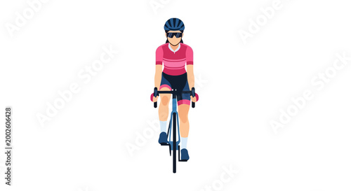 Woman cyclist wearing specialized apparel and helmet rides a road bicycle forward demonstrating outdoor athletic activity and healthy lifestyle pursuits in a full body presentation