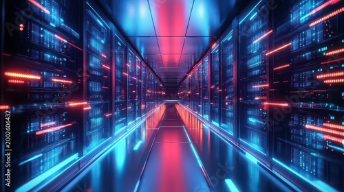 Futuristic Data Center Interior with Glowing Servers and Neon Lights