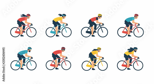 Diverse group of male and female athletes enjoying professional road cycling races on mountain bikes showcasing different vibrant athletic attire and helmets for competitive sport and active