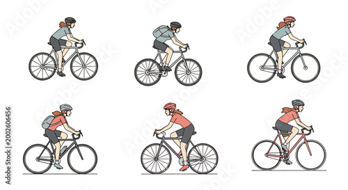 Collection of diverse individuals enjoying cycling activities showcasing different cycling gear and bicycles representing outdoor recreation and healthy lifestyle choices for all ages and