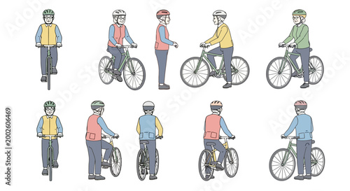 Collection of diverse individuals dressed in casual apparel and protective headwear enjoying cycling activities from various perspectives showcasing recreational and transportation options for