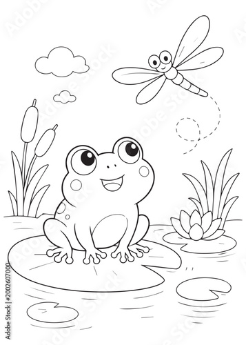 coloring book little frog watching a dragonfly by the water