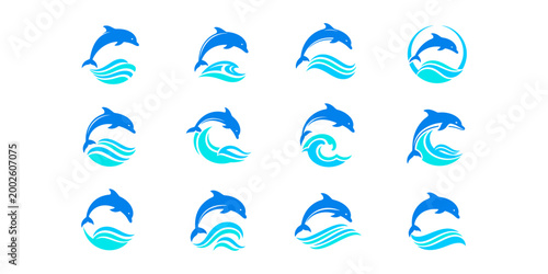Set of minimalist dolphin logo icons jumping over ocean waves in shades of blue.