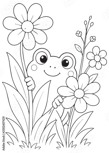 coloring book shy frog peeking through blooming flowers