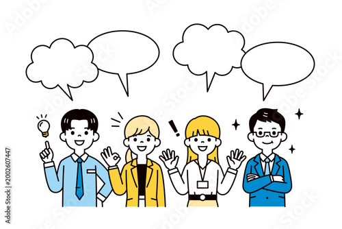 笑顔でコメントする、若い男女のビジネスチームの上半身ベクターイラスト素材セット＿吹き出し